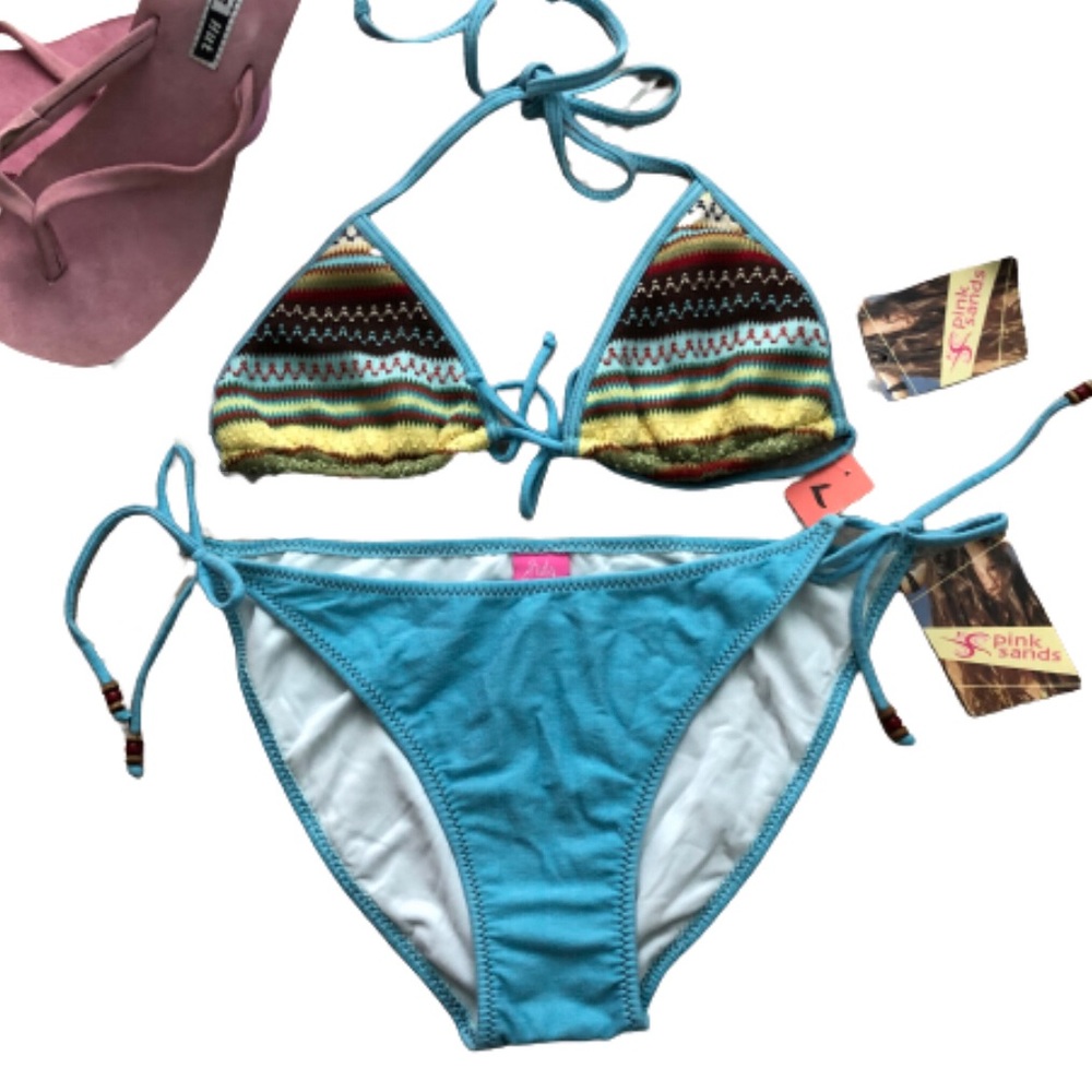 Blue Crochet Boho Pink Sands Bikini Swimsuit, L